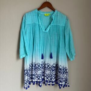 Roberta Roller Rabbit Sheer Ombre Tunic Top Boho V Neck Tassels Resort Beachy